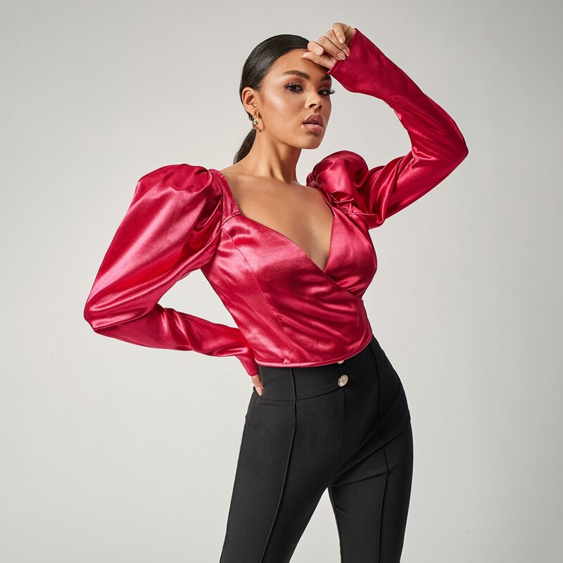 

Leg-of-mutton Sleeve Surplice Neck Top, Rose red