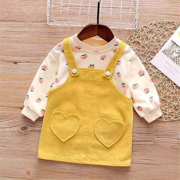 

Toddler Girls Strawberry Print Sweatshirt & Heart Patched Overall Dress, Multicolor