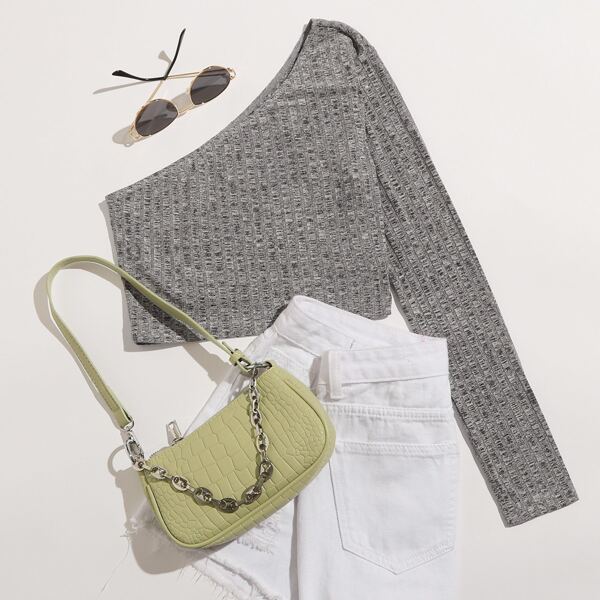 

One Shoulder Rib-knit Crop Tee, Grey