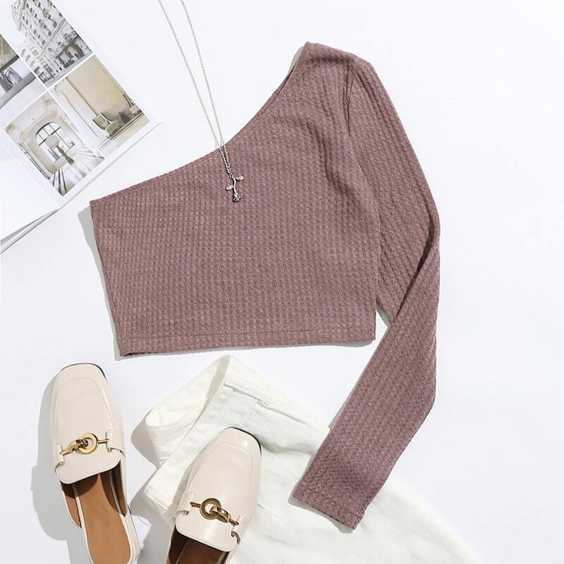 

One Shoulder Solid Crop Tee, Redwood