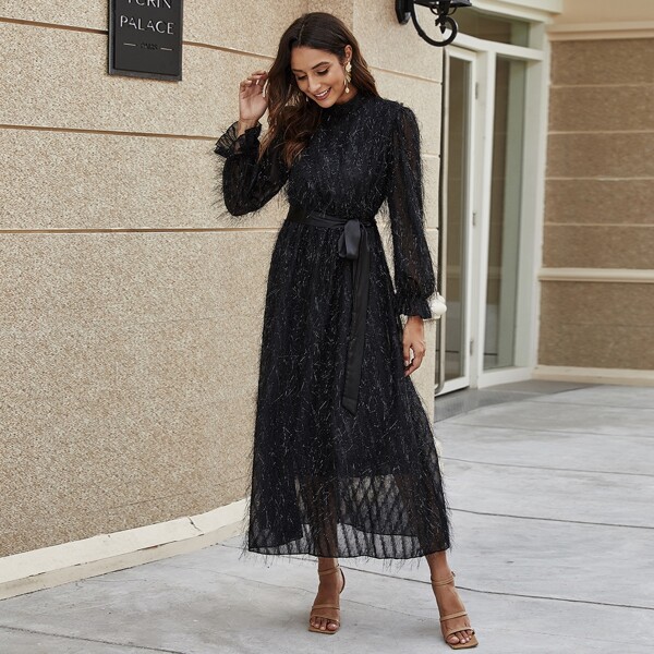 

Fluffy Mock Neck Belted Dress, Black