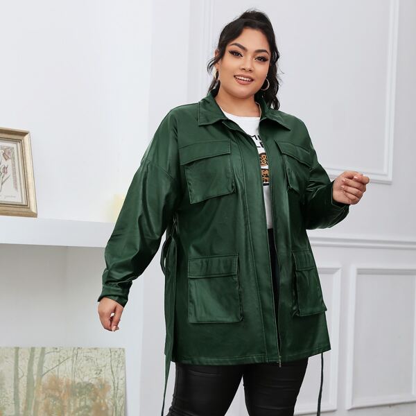 

Plus Flap Pocket Front Belted PU Leather Coat, Dark green