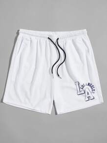 ROMWE MEN Prep Guys Letter Graphic Drawstring Shorts 7'' - White - View 1