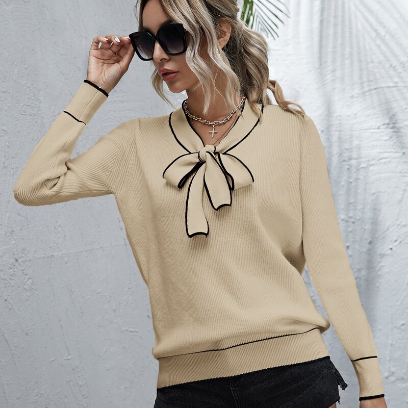 

Tie Neck Contrast Binding Sweater, Khaki