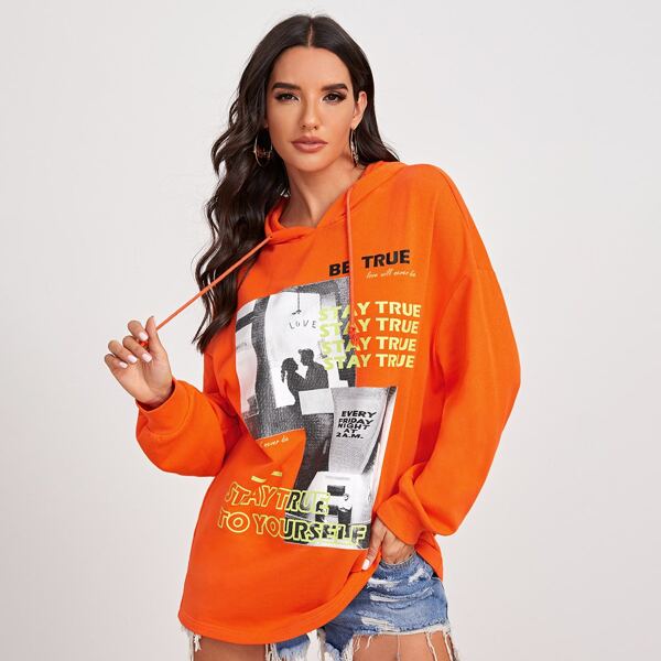 

Plus Drawstring Detail Figure & Slogan Graphic Hoodie, Orange