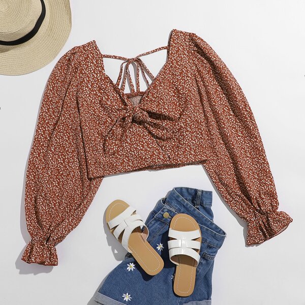 

Tie Detail Shirred Back Bell Sleeve Ditsy Floral Top, Redwood