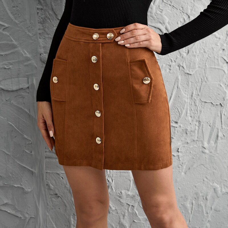 

Button Front Flap Detail Suede Skirt, Brown