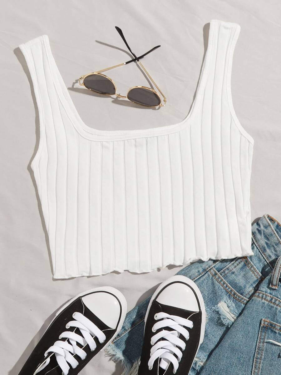 SHEIN EZwear Lettuce Hem Rib-knit Crop Tank Top - White - View 1