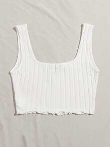 SHEIN EZwear Lettuce Hem Rib-knit Crop Tank Top - White - View 2