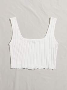SHEIN EZwear Lettuce Hem Rib-knit Crop Tank Top - White - View 5
