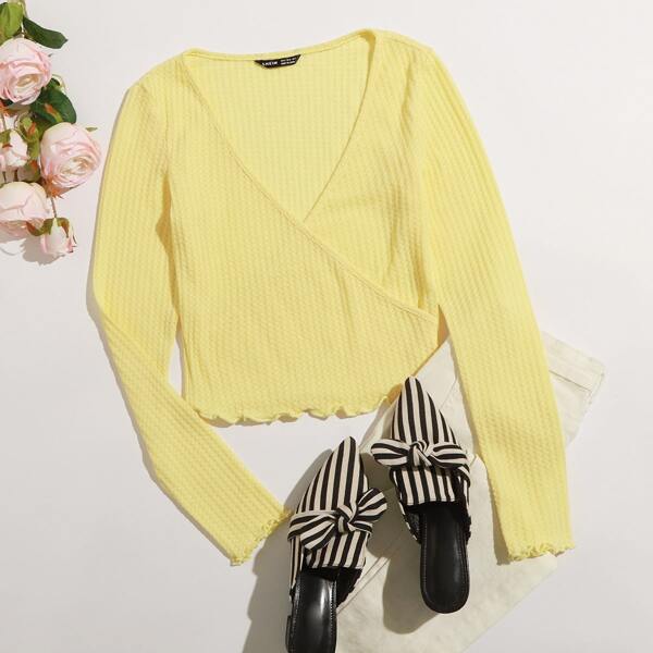 

Surplice Neck Lettuce Trim Waffle Knit Top, Yellow pastel