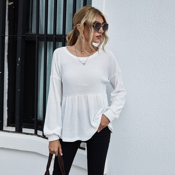 

Drop Shoulder Ruffle Hem Tee, White
