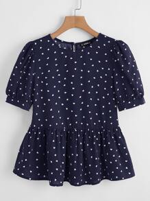 SHEIN VCAY Heart Print Puff Sleeve Peplum Top - Navy Blue - View 1