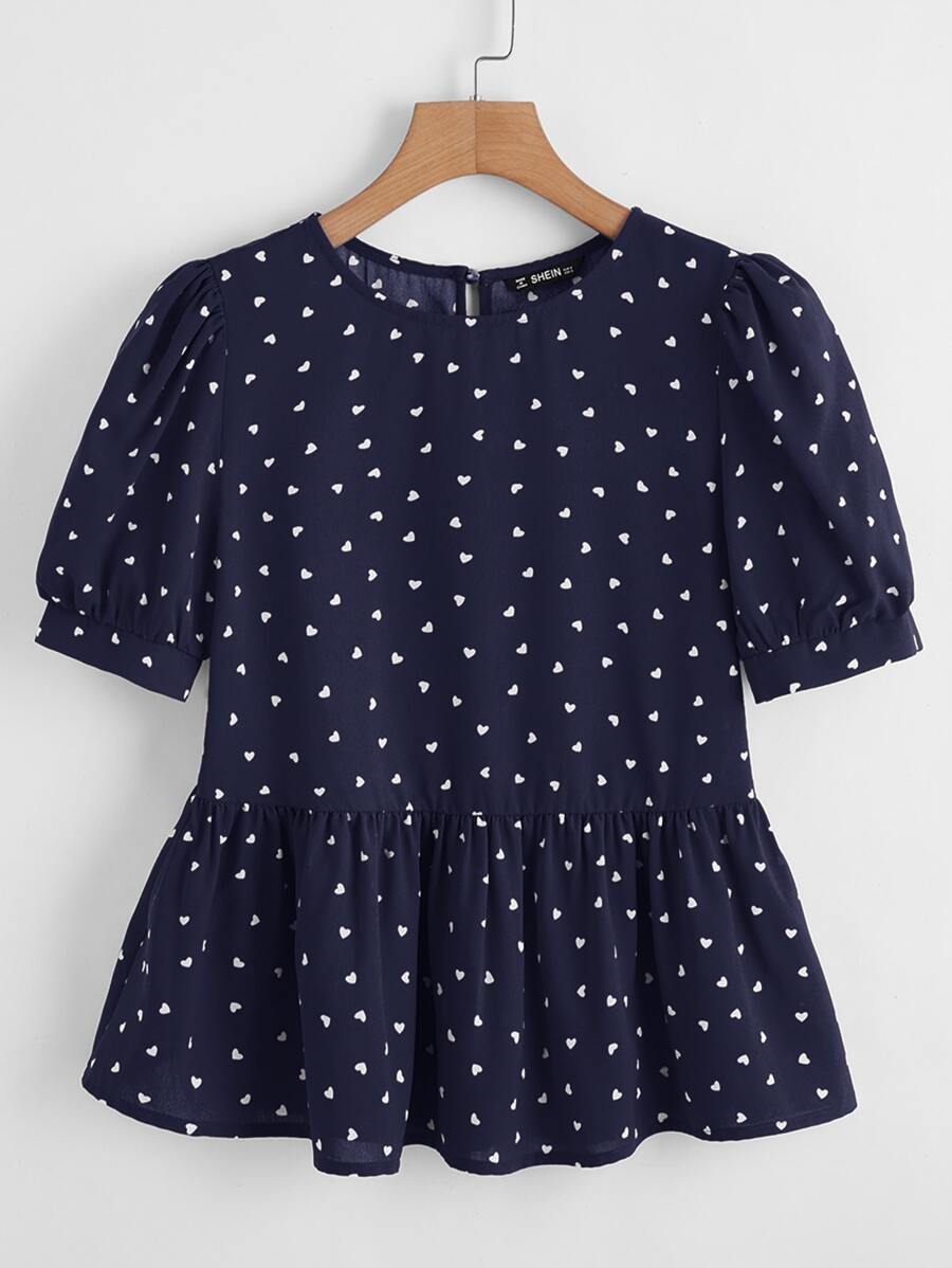 SHEIN VCAY Heart Print Puff Sleeve Peplum Top - Navy Blue - View 1