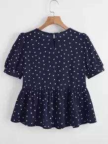 SHEIN VCAY Heart Print Puff Sleeve Peplum Top - Navy Blue - View 2