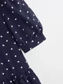 SHEIN VCAY Heart Print Puff Sleeve Peplum Top - Navy Blue - View 3