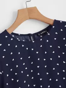 SHEIN VCAY Heart Print Puff Sleeve Peplum Top - Navy Blue - View 4
