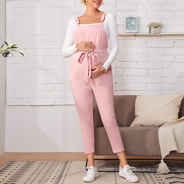 

Maternity Self Belt Slant Pocket Pinafore Jumpsuit, Baby pink