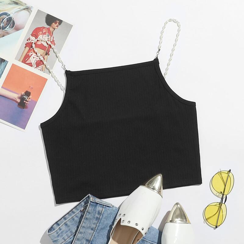 

Faux Pearls Strap Crop Cami, Black