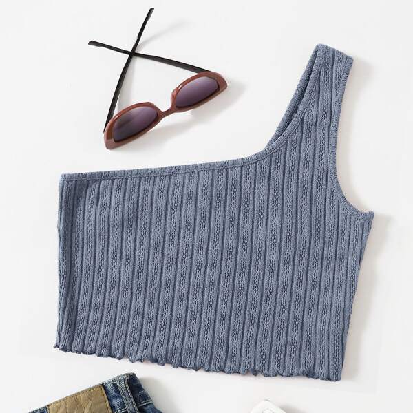 

One Shoulder Lettuce Trim Rib-knit Top, Dusty blue