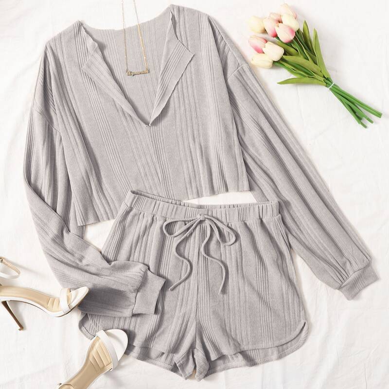 

Drop Shoulder Notched Neck Top & Shorts Set, Light grey