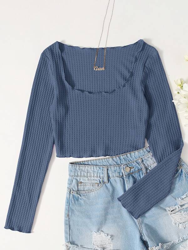 Scoop Neck Lettuce Trim Waffle Knit Top | shein.com