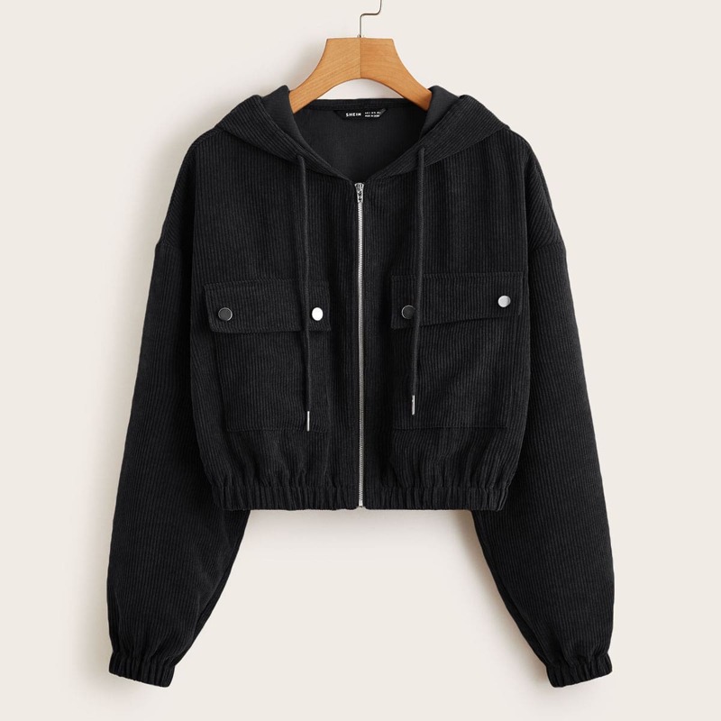 

Flap Pocket Front Zip Up Cord Jacket, Black