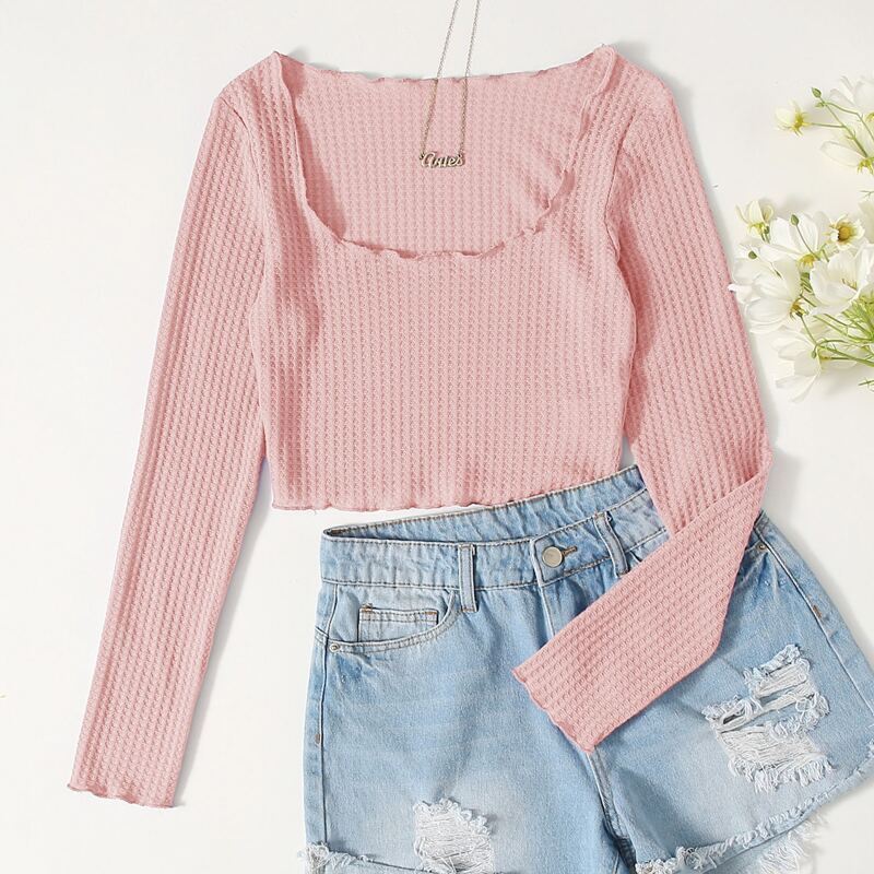 

Scoop Neck Lettuce Trim Waffle Knit Top, Baby pink