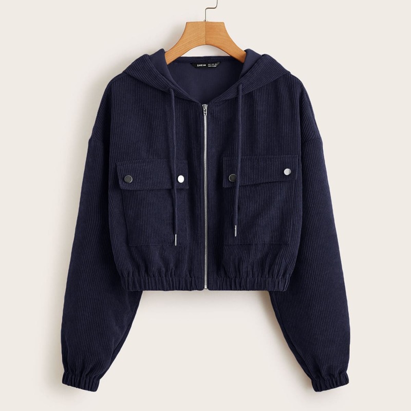 

Flap Pocket Front Zip Up Cord Jacket, Navy blue