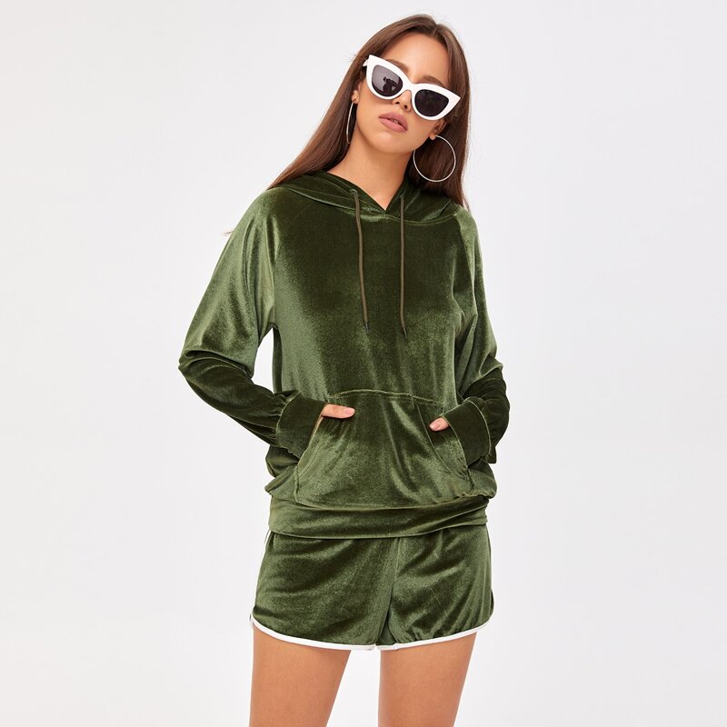 

Kangaroo Pocket Velvet Hoodie & Dolphin Shorts, Olive green