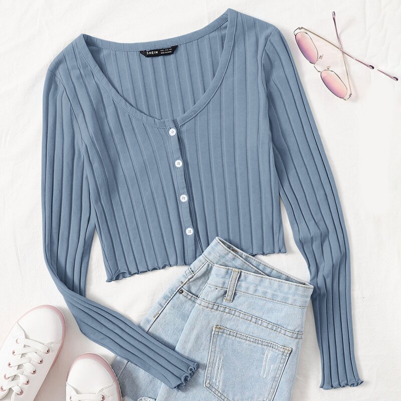 

Rib-knit Single Breasted Tee, Dusty blue