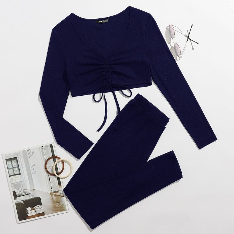 

Drawstring Front Crop Top & Legging Set, Navy blue