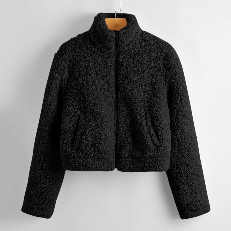 

Zipper Front Slant Pocket Teddy Jacket, Black