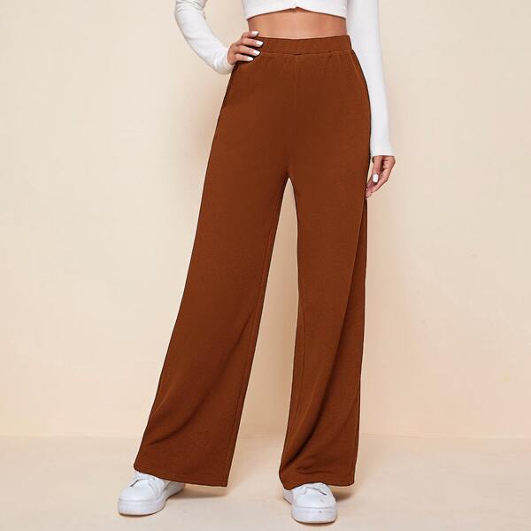 

Elastic Waist Solid Palazzo Pants, Rust brown