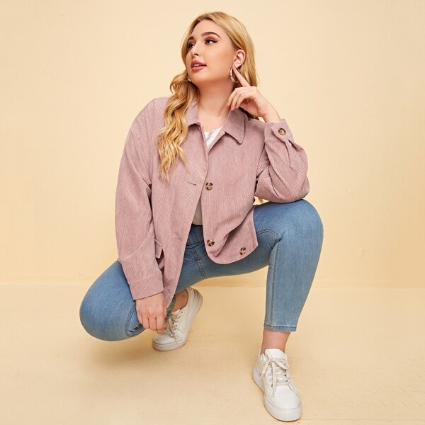 

Plus Drop Shoulder Flap Detail Cord Jacket, Dusty pink