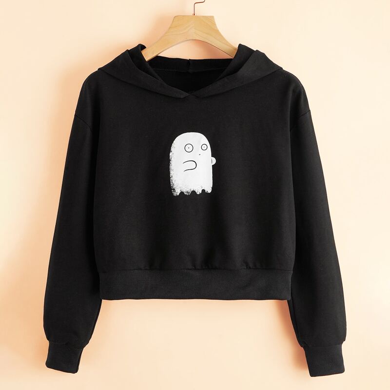 

Cartoon Graphic Crop Hoodie, Black