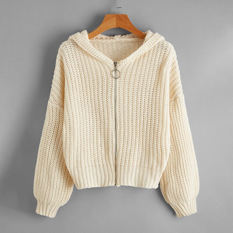 

Solid Zip Up Hooded Cardigan, Beige
