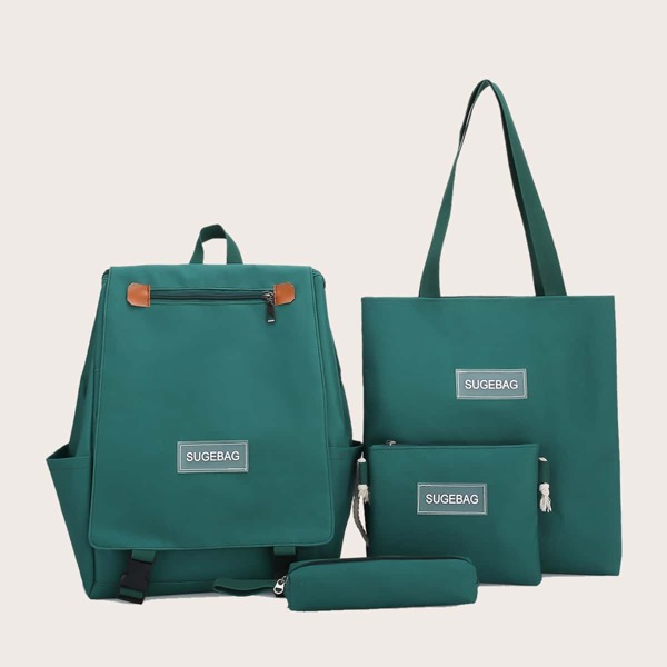 

Kids 4pcs Letter Patch Backpack Set, Green