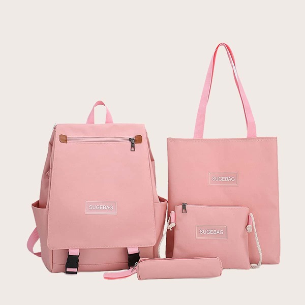 

Girls 4pcs Letter Patch Backpack Set, Pink