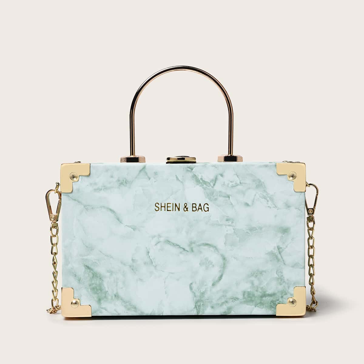 

Marble Print Chain Box Bag, Green