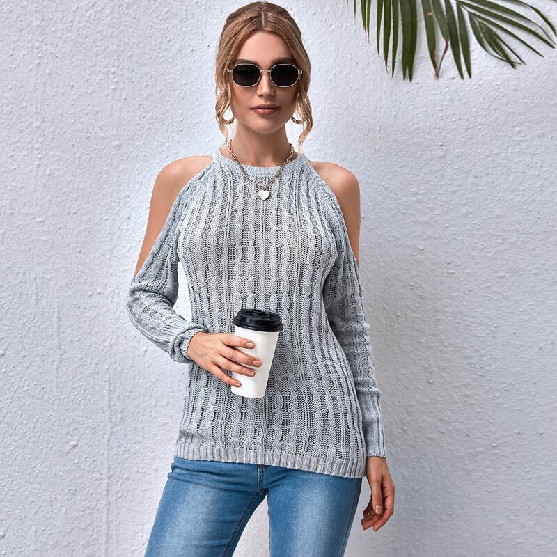 

Cold Shoulder Cable Knit Sweater, Light grey