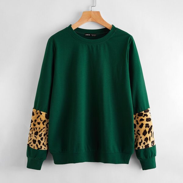 

Leopard Panel Sleeve Pullover, Dark green