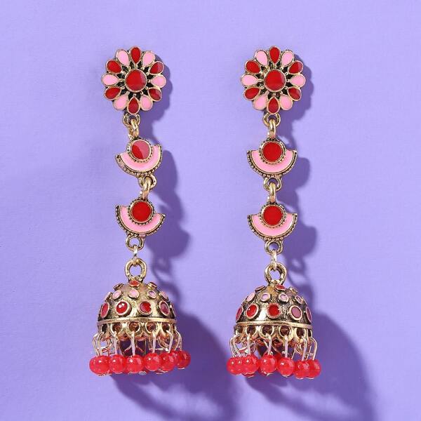 

Tassel Decor Jhumka Drop Earrings, Red