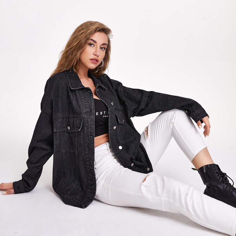 

Single Breasted Flap Pocket Denim Jacket, Black