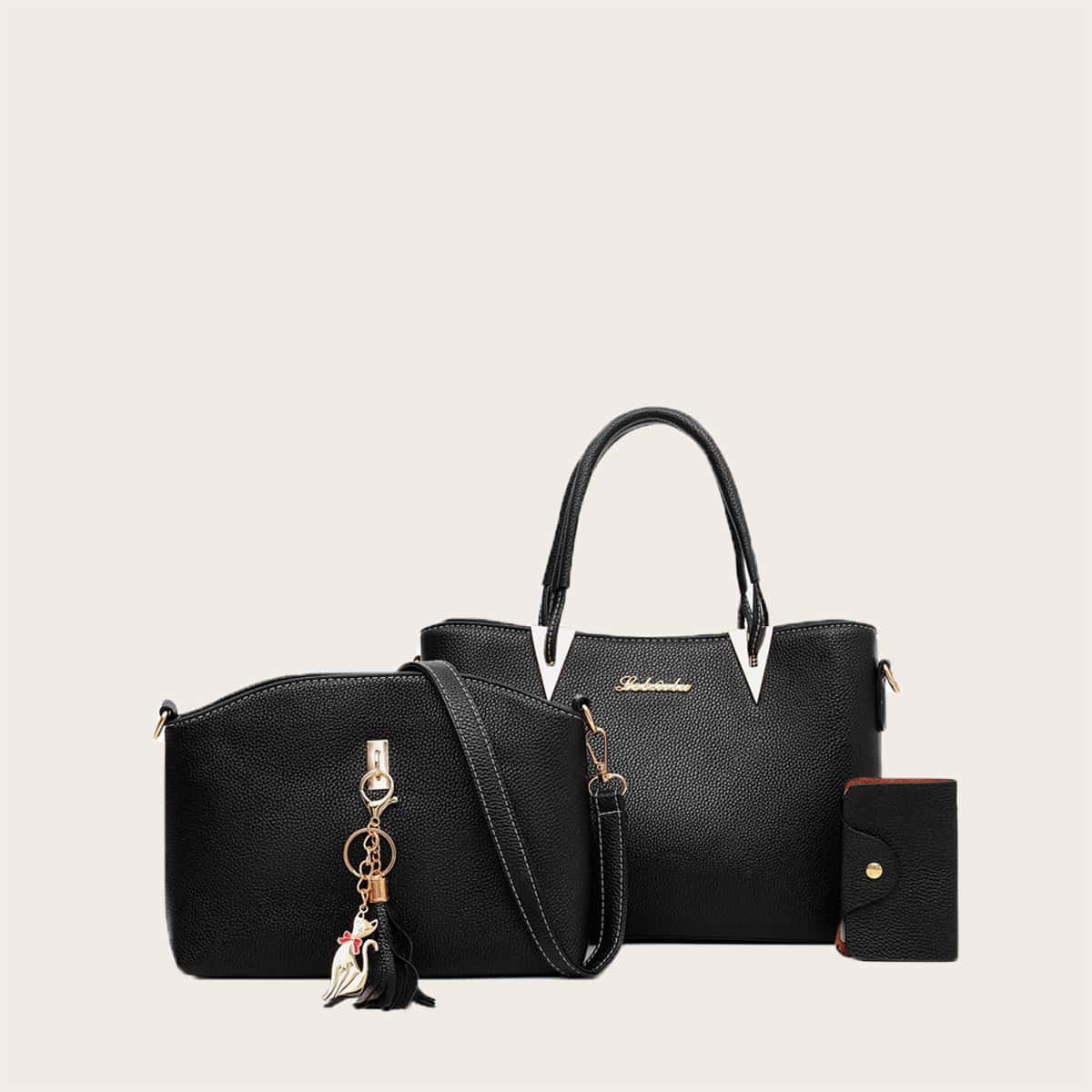 

3pcs Metal Decor Tote Bag Set, Black