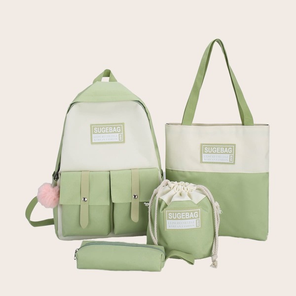 

Girls 4pcs Letter Patch Backpack Set, Green