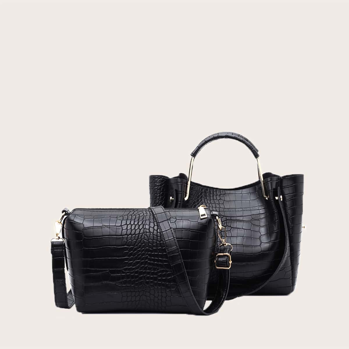 

Croc Embossed Satchel Bag With Crossbody Bag, Black