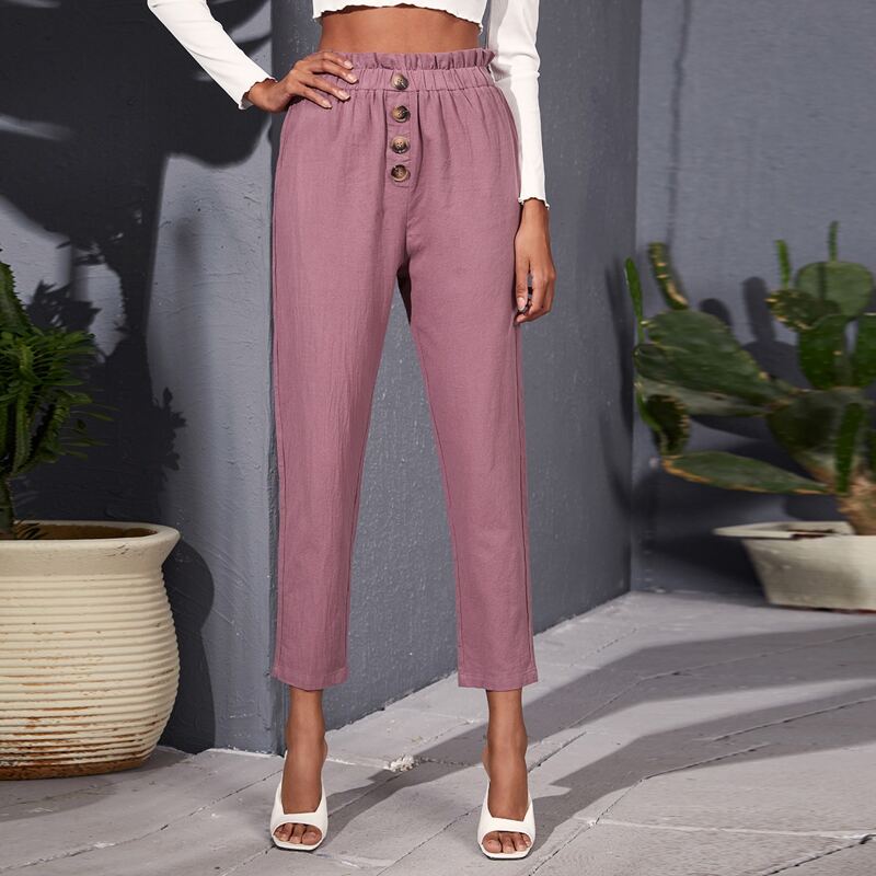 

Paperbag Waist Button Front Pants, Mauve purple