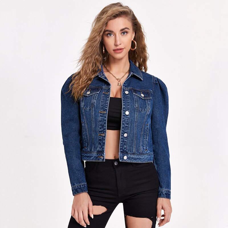 

Puff Sleeve Flap Pocket Denim Jacket, Dark wash