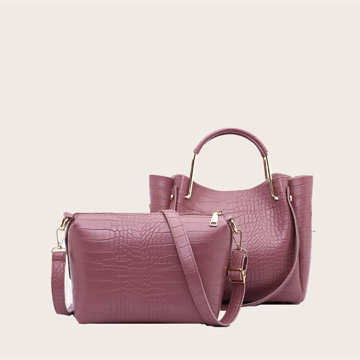 

Croc Embossed Satchel Bag With Crossbody Bag, Pink
